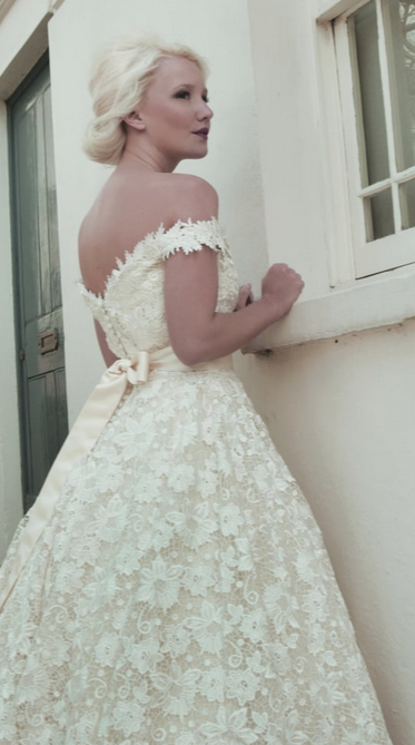 MAEVE by House of Mooshki calf length short full guipure lace Dior inspired gown with off the shoulder straps