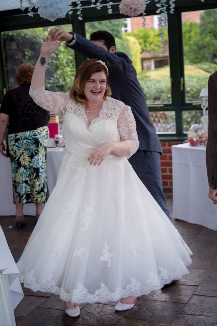 Cutting Edge Brides - real bride wearing 'Rosie' a lace Tea-Length Wedding Dress