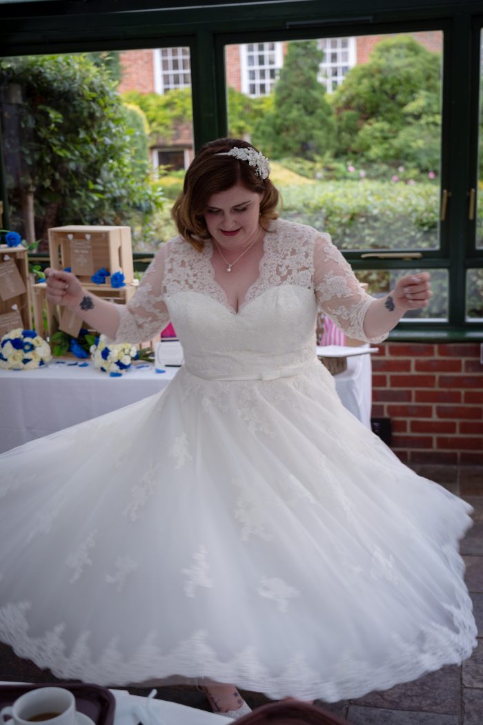 Cutting Edge Brides - real bride wearing 'Rosie' a Lace Tea-Length Wedding Dress