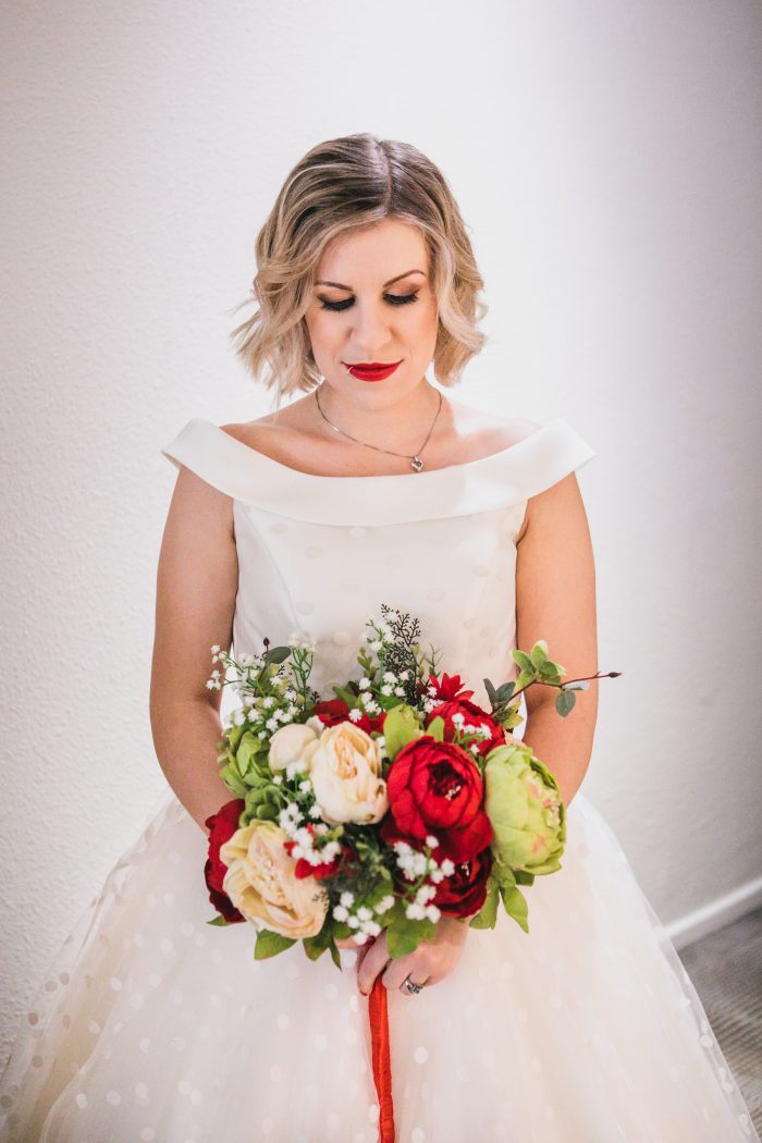 off the shoulder polka dot short wedding dress - real bride