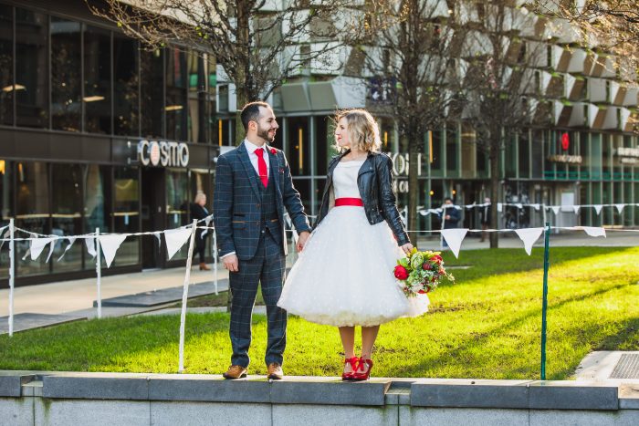 real bride wearing polka dot short wedding dress