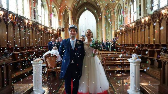Real Bride wearing vintage inspired short wedding gown