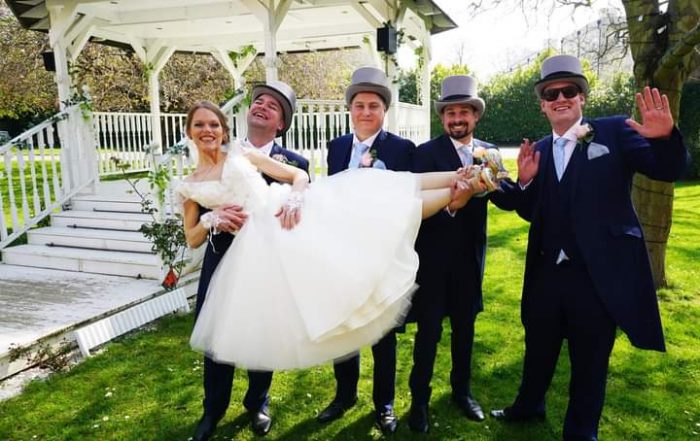 Bride and bridal party - Bride wearing tulle vintage style wedding gown.