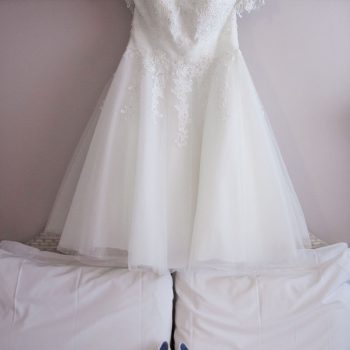 Real Bride Steph wearing Demi by True Bride short wedding dress at Cutting Edge Brides