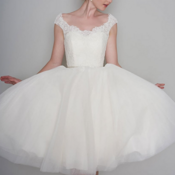 FLOSSIE, tea length vintage is a great dress for wedding first dance song moments inspired lace and tulle dress trimmed with a satin bow belt
