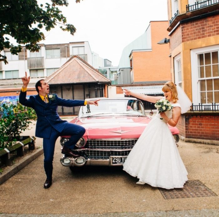 retro wedding with pink cadillac