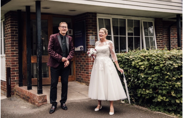 real bride wearing 1950s style wedding dress
