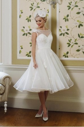 Sample Sale Gown Size 10, LUELLA 1950s Tea Length Wedding Dress With Cap Sleeve