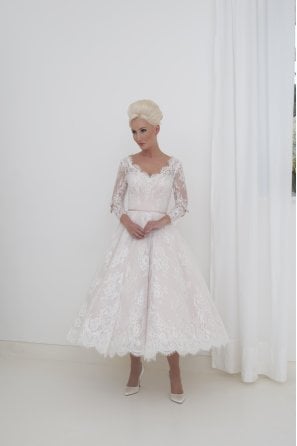 CHERRY calf length vintage syled dress, v neck illusion bodice and 3/4 sleeve