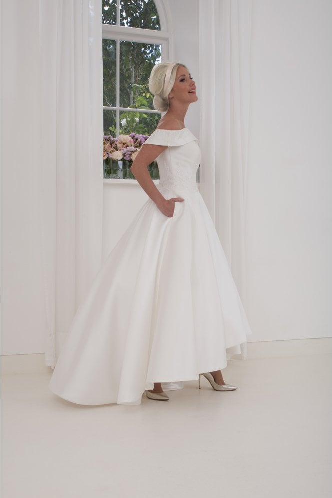 House of Mooshki PRUNELLA an elegant mikado high low wedding dress with bardot neckline and pockets