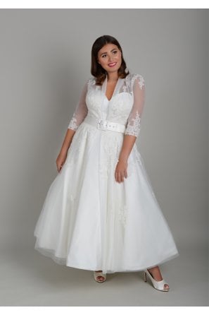 HETTY is a calf ankle length dress with 3/4 length sleeved lace applique jacket over a satin sweetheart wedding dress 
