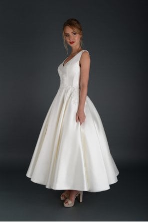 TALIA a elegant mikado calf length wedding down with a lace detail around the waist