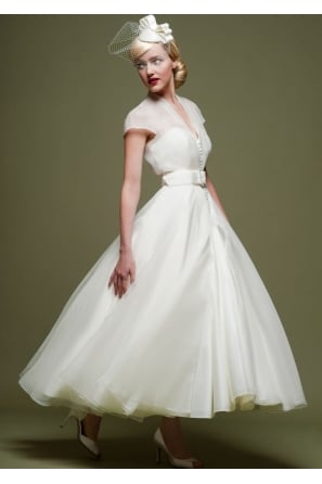 CICELY 1950s Calf length Vintage Strapless Satin Wedding Gown With Over Jacket & Belt 
