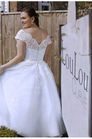 EMMA Blue & Ivory calf length wedding dress with lace bodice and cap sleeve, tulle skirt with lace applique
