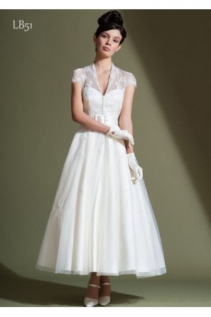 LUELLAN Calf Length Vintage Strapless Satin Wedding Dress & Jacket 
