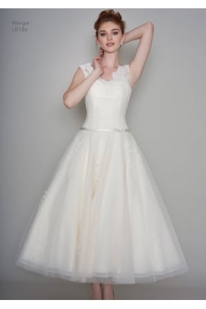 MARGIE Calf Ankle Length Lace Vintage 1950s Inspired Cap Sleeve Short Wedding Dress