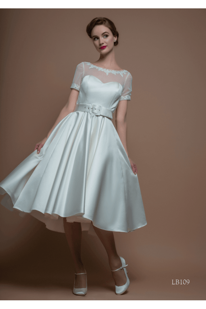 Loulou Bridal Size 10 PHEOBE Vintage Inspired Short Sleeve Tea Length Satin Wedding Gown 