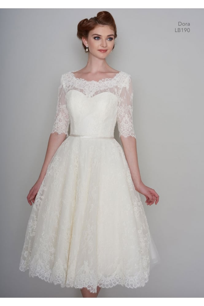 Loulou Bridal Size 14 DORA Tea Length Vintage Lace 1950s 60s Short Wedding Dress With 1/2 Sleeve