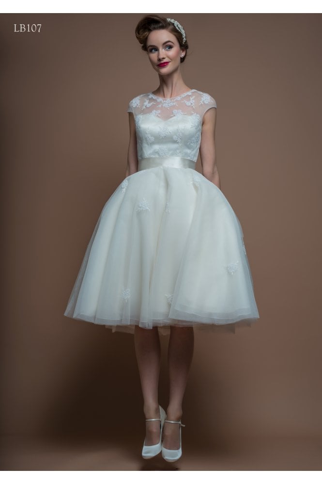 Loulou Bridal Size 16 MOLLY Tea Length Vintage Inspired Cap Sleeve Wedding Gown 