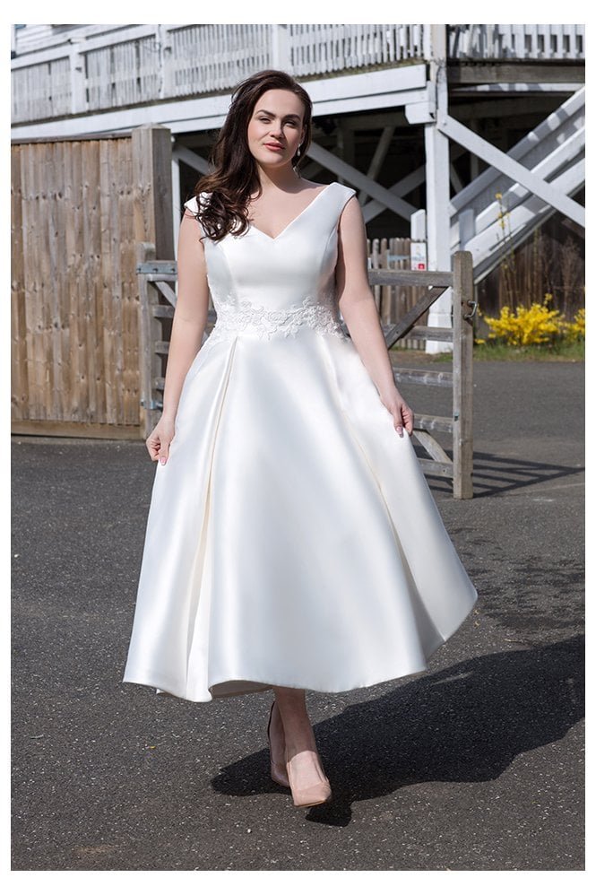 Loulou Bridal Size 22 JOSEPHINE calf length satin dress with lace detailed waist band, elegant and classic