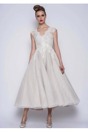 THEA Calf Ballerina Length Vintage Style V Neck Wedding Dress In Colour