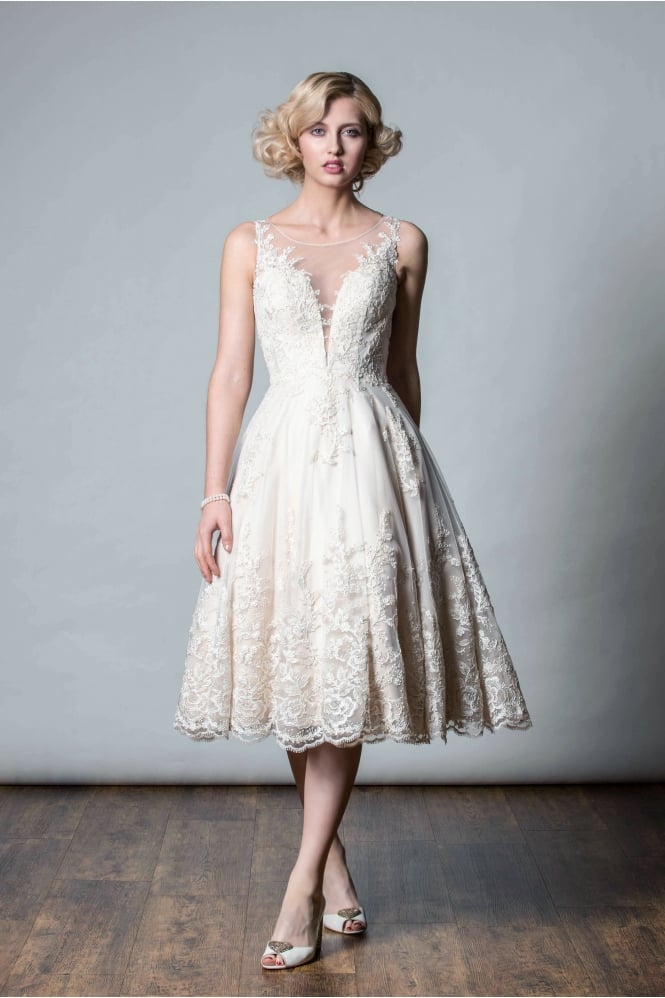 Rita Mae ANASTASIA Tea length champagne lace short wedding gown 