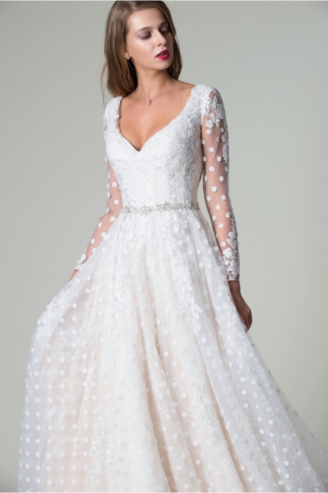 Rita Mae Size 12 TYNE Long Sleeve Calf Length V Neck Spotty Polka Dot Vintage Wedding Dress 