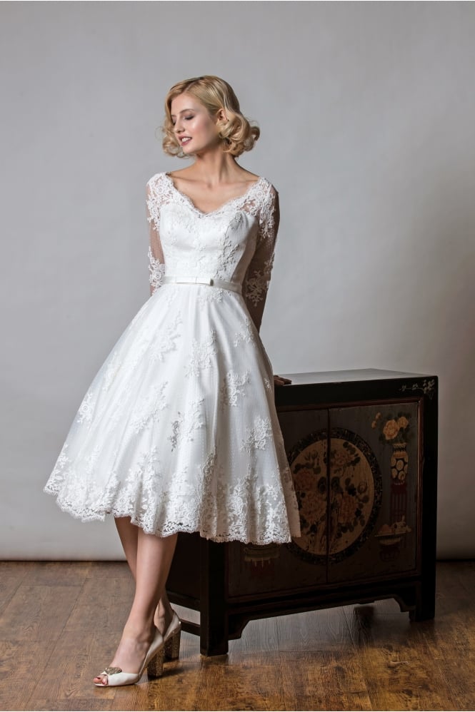 Rita Mae Size 24 SHELLEY Tea Length Vintage Lace Polka Dot Short Wedding Dress With Sleeves