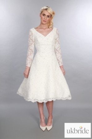 GILLIAN Tea length Lace Short Wedding Dress With Sleeves